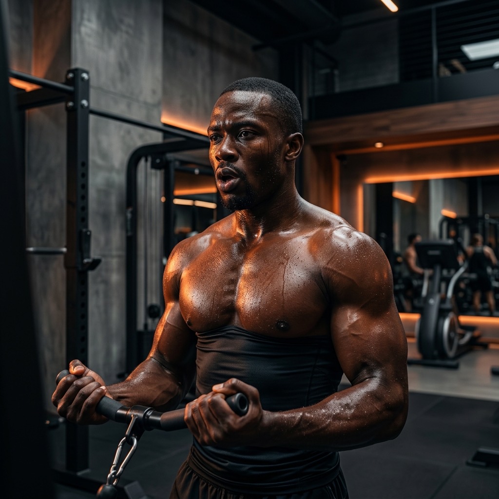 Athlète masculin africain s'entraînant intensément dans une salle de sport moderne et sombre éclairée par des néons orange