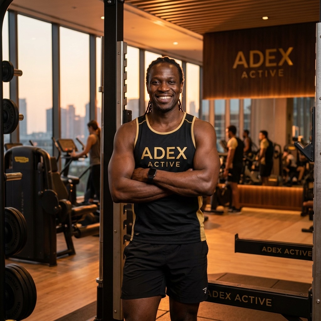 Portrait professionnel d'un coach sportif noir africain souriant dans une salle de sport premium